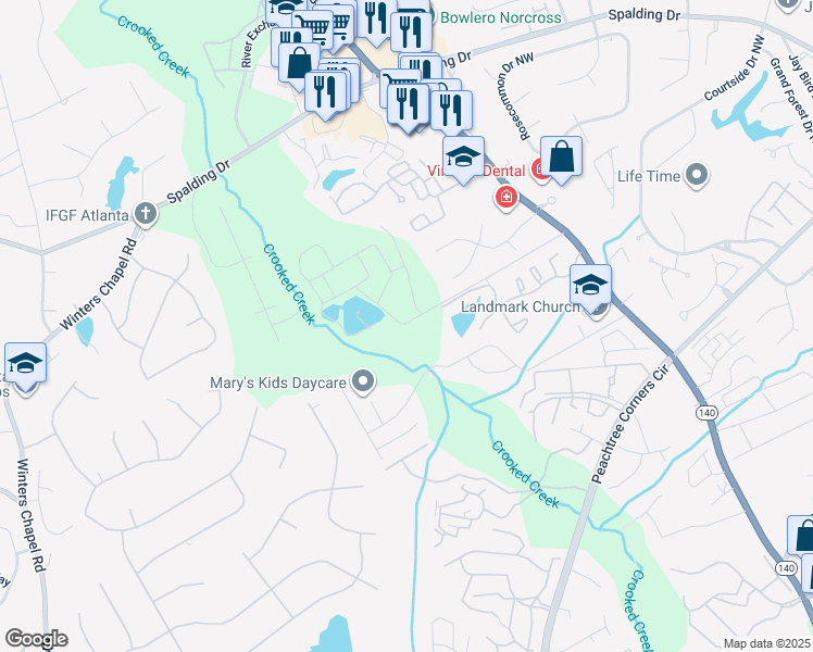 map of restaurants, bars, coffee shops, grocery stores, and more near 6557 Plant Drive Northwest in Norcross