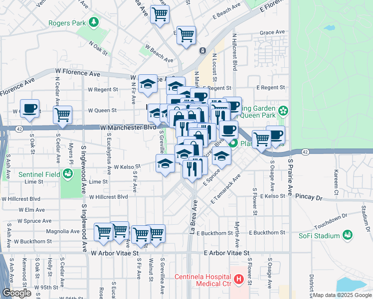 map of restaurants, bars, coffee shops, grocery stores, and more near 320 South La Brea Avenue in Inglewood