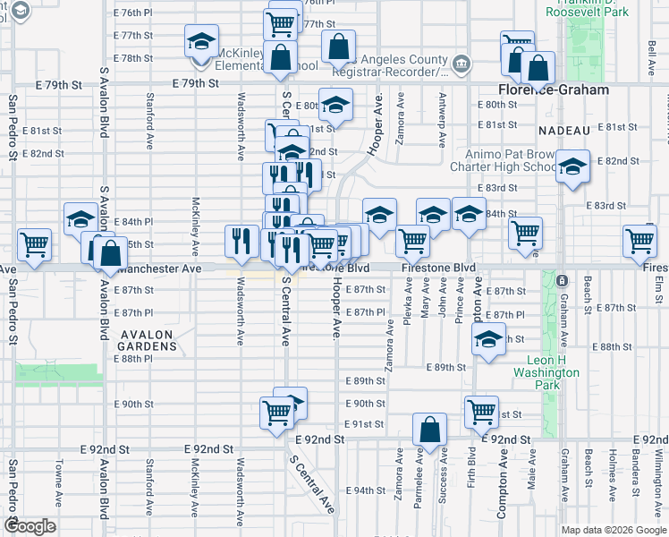 map of restaurants, bars, coffee shops, grocery stores, and more near 1200 Firestone Boulevard in Los Angeles