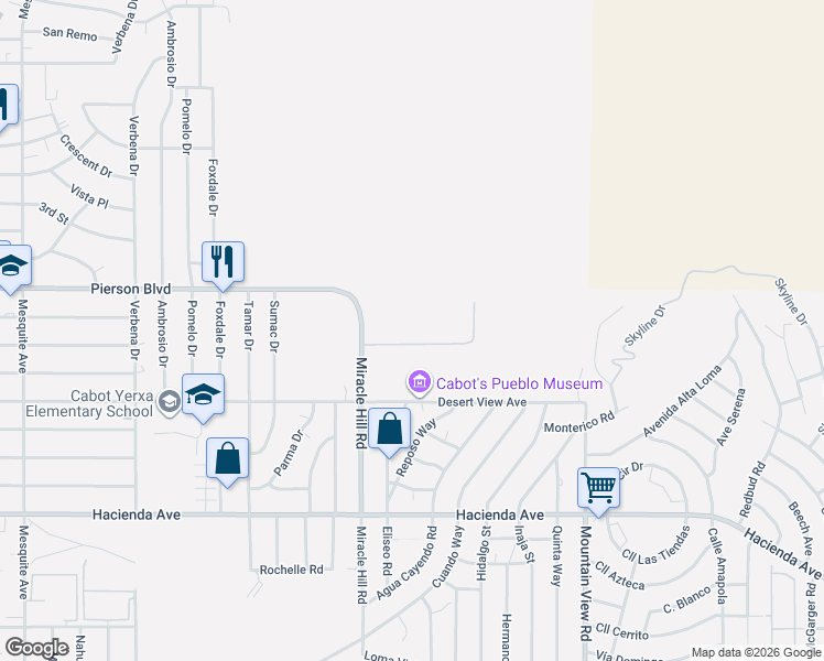 map of restaurants, bars, coffee shops, grocery stores, and more near 12280 Miracle Hill Road in Desert Hot Springs