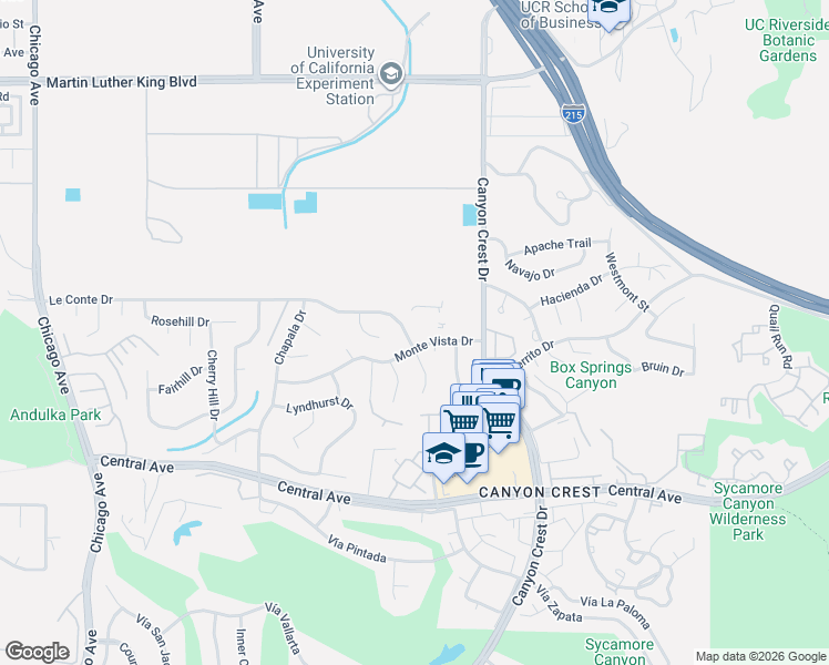map of restaurants, bars, coffee shops, grocery stores, and more near 1056 Le Conte Drive in Riverside
