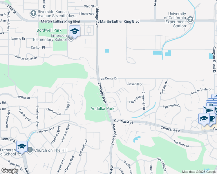 map of restaurants, bars, coffee shops, grocery stores, and more near 5085 Berryhill Place in Riverside