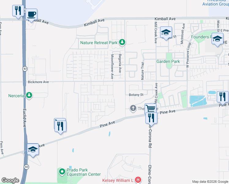 map of restaurants, bars, coffee shops, grocery stores, and more near 16142-16170 Rincon Meadows Avenue in Chino