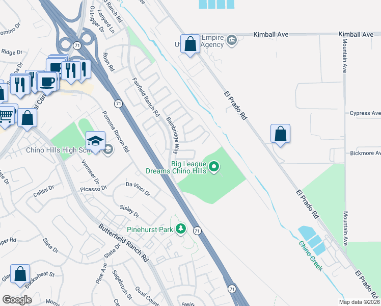 map of restaurants, bars, coffee shops, grocery stores, and more near 5753 Stanfield Court in Chino Hills