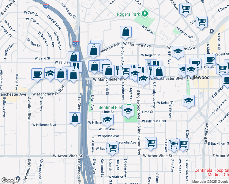 map of restaurants, bars, coffee shops, grocery stores, and more near 525 Nectarine Street in Inglewood