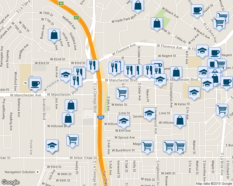map of restaurants, bars, coffee shops, grocery stores, and more near 611 Nectarine Street in Inglewood