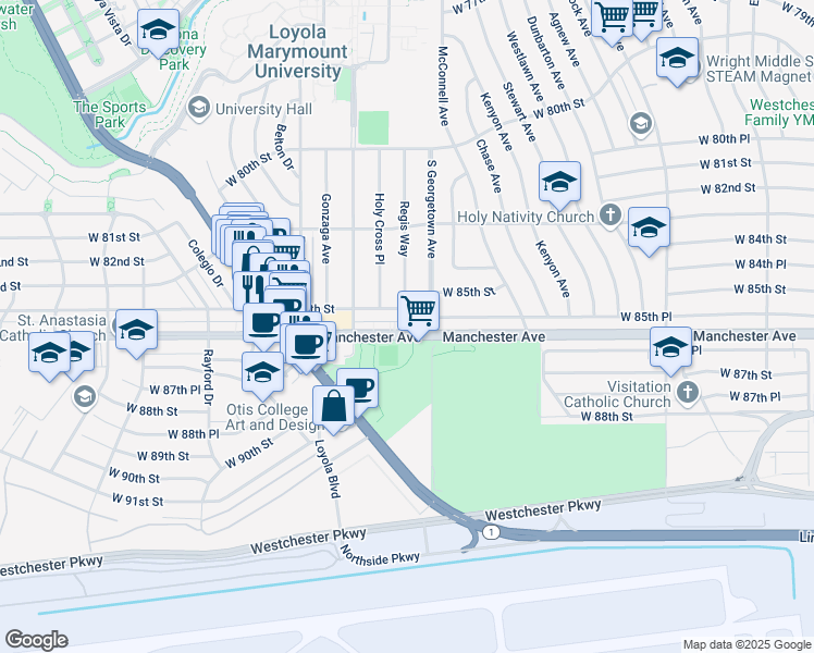 map of restaurants, bars, coffee shops, grocery stores, and more near 7021 West Manchester Avenue in Los Angeles