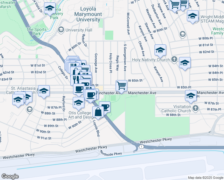 map of restaurants, bars, coffee shops, grocery stores, and more near 7071 1/2 West Manchester Avenue in Los Angeles