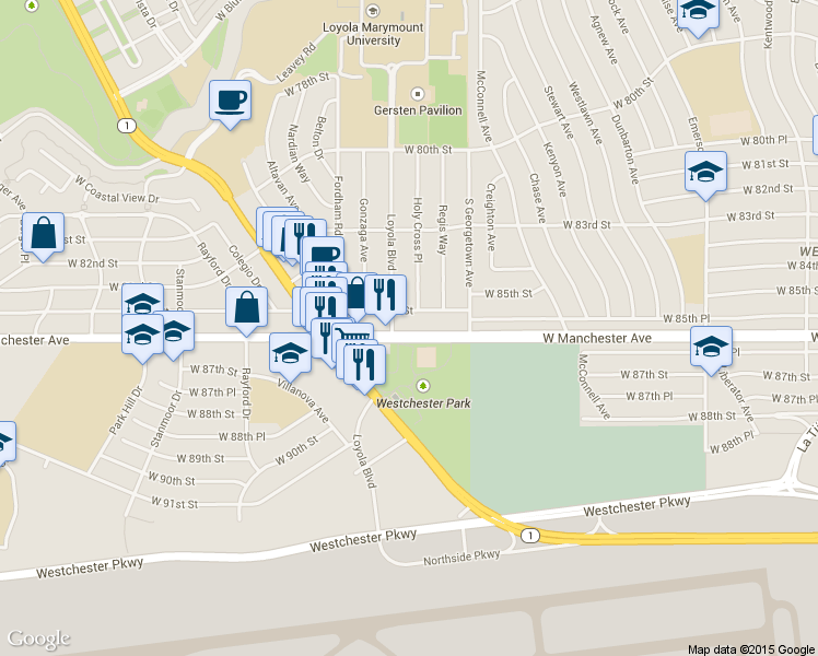 map of restaurants, bars, coffee shops, grocery stores, and more near 7071 1/2 West Manchester Avenue in Los Angeles