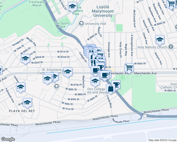 map of restaurants, bars, coffee shops, grocery stores, and more near 7299 West Manchester Avenue in Los Angeles