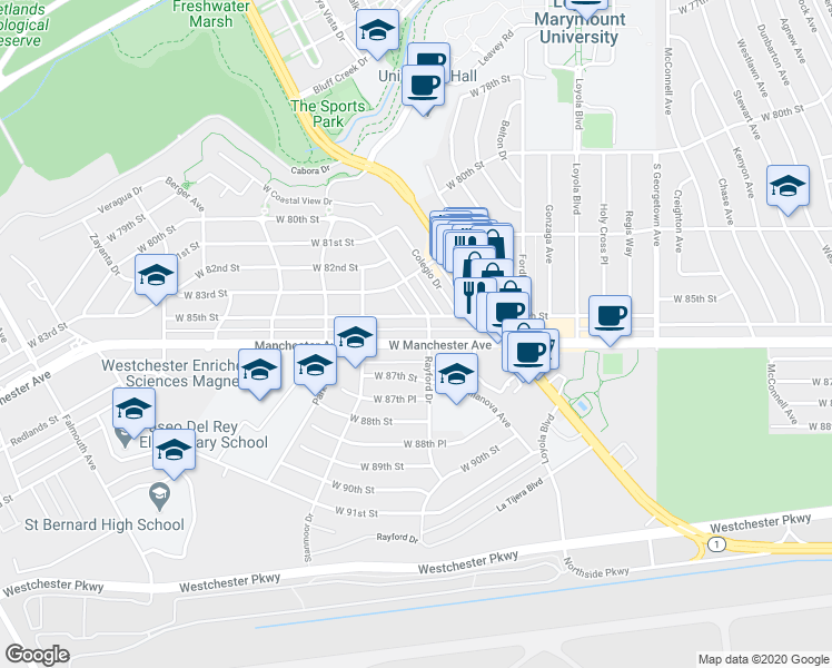 map of restaurants, bars, coffee shops, grocery stores, and more near 7325 West Manchester Avenue in Los Angeles