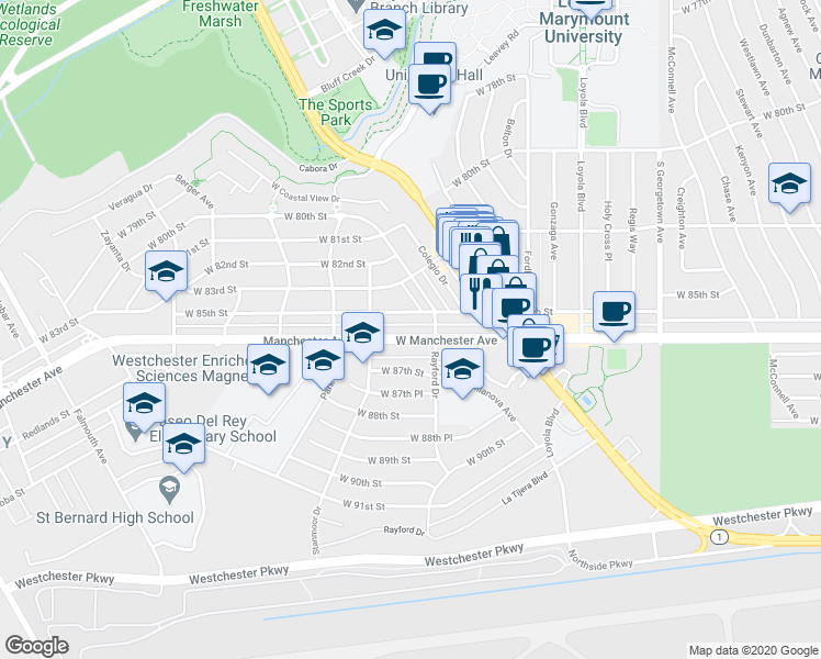 map of restaurants, bars, coffee shops, grocery stores, and more near 7325 West Manchester Avenue in Los Angeles