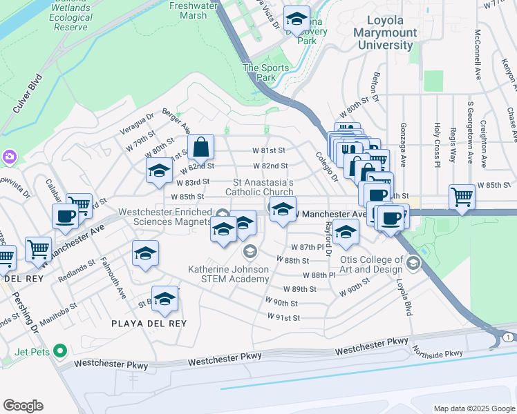 map of restaurants, bars, coffee shops, grocery stores, and more near 7403 West Manchester Avenue in Los Angeles