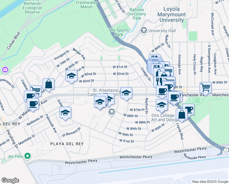 map of restaurants, bars, coffee shops, grocery stores, and more near 7403 West Manchester Avenue in Los Angeles