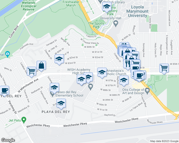 map of restaurants, bars, coffee shops, grocery stores, and more near 7447 Manchester Avenue in Los Angeles