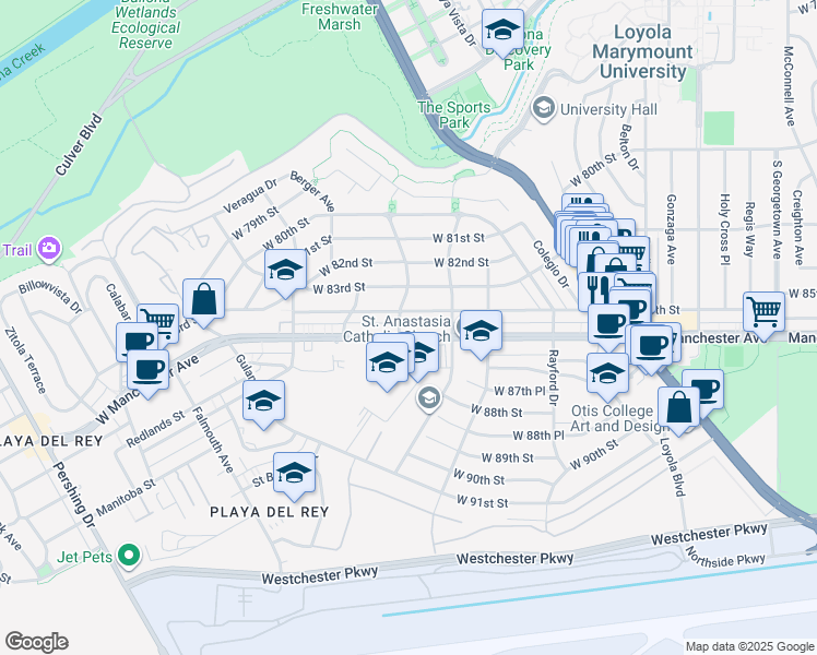 map of restaurants, bars, coffee shops, grocery stores, and more near 7447 Manchester Avenue in Los Angeles
