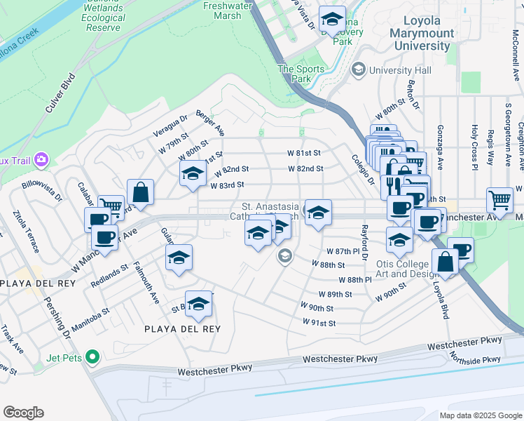 map of restaurants, bars, coffee shops, grocery stores, and more near 7447 Manchester Avenue in Los Angeles