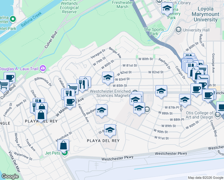 map of restaurants, bars, coffee shops, grocery stores, and more near 7743 West Manchester Avenue in Los Angeles