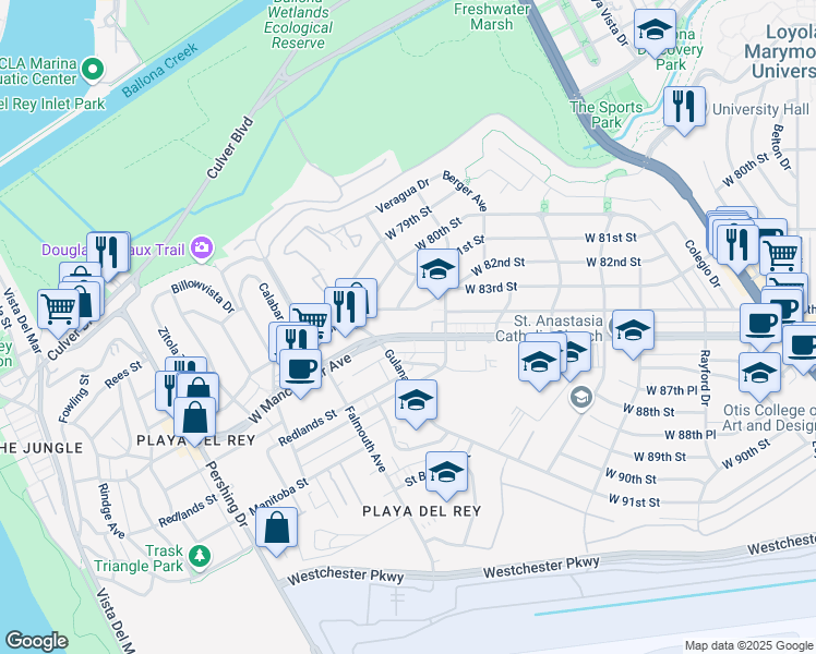 map of restaurants, bars, coffee shops, grocery stores, and more near 7841 West Manchester Avenue in Los Angeles