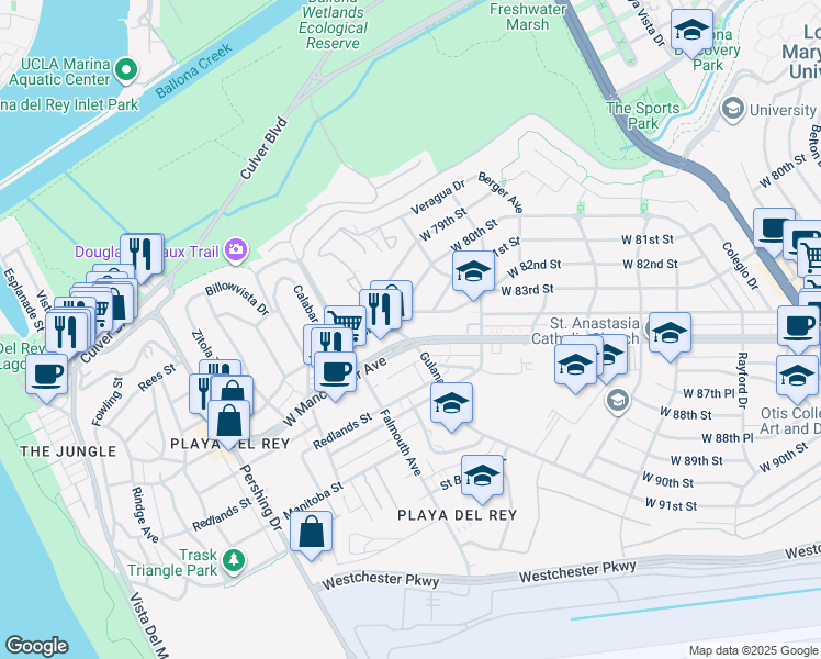 map of restaurants, bars, coffee shops, grocery stores, and more near 8428 Gulana Avenue in Los Angeles