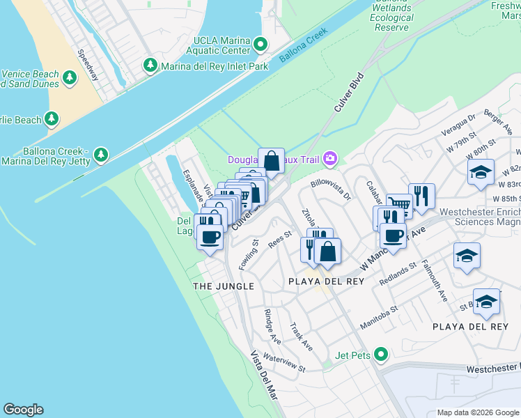 map of restaurants, bars, coffee shops, grocery stores, and more near 380 Pershing Drive in Los Angeles