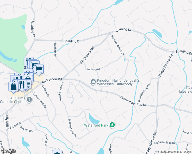 map of restaurants, bars, coffee shops, grocery stores, and more near 7465 Brigham Drive in Atlanta