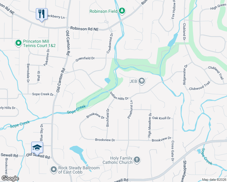 map of restaurants, bars, coffee shops, grocery stores, and more near 3315 Indian Hills Drive in Marietta