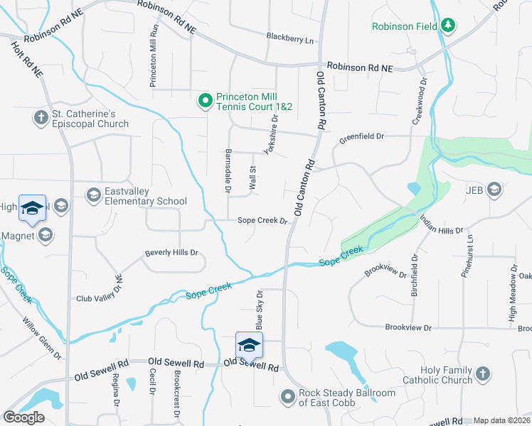map of restaurants, bars, coffee shops, grocery stores, and more near 2955 Sope Creek Drive in Marietta