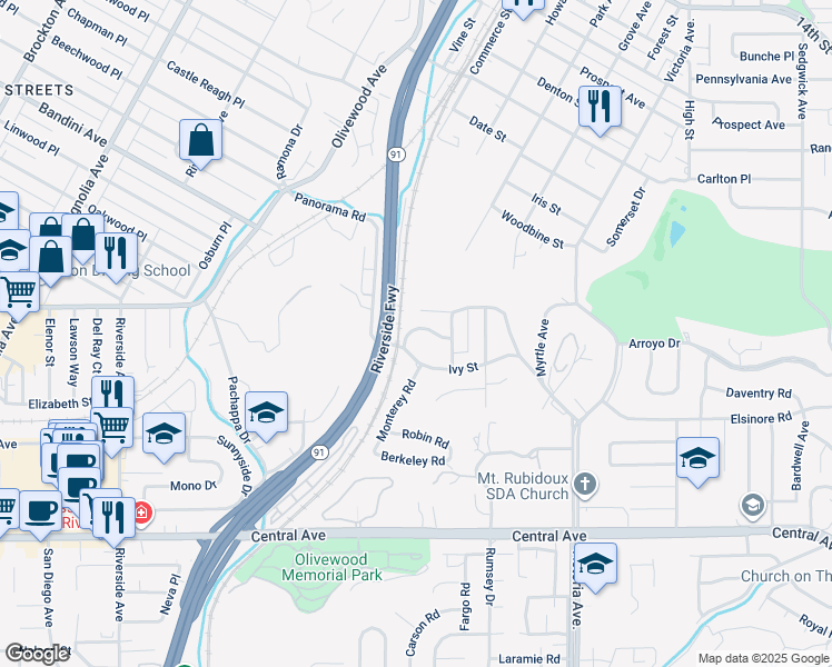 map of restaurants, bars, coffee shops, grocery stores, and more near 2980 Rockhill Way in Riverside