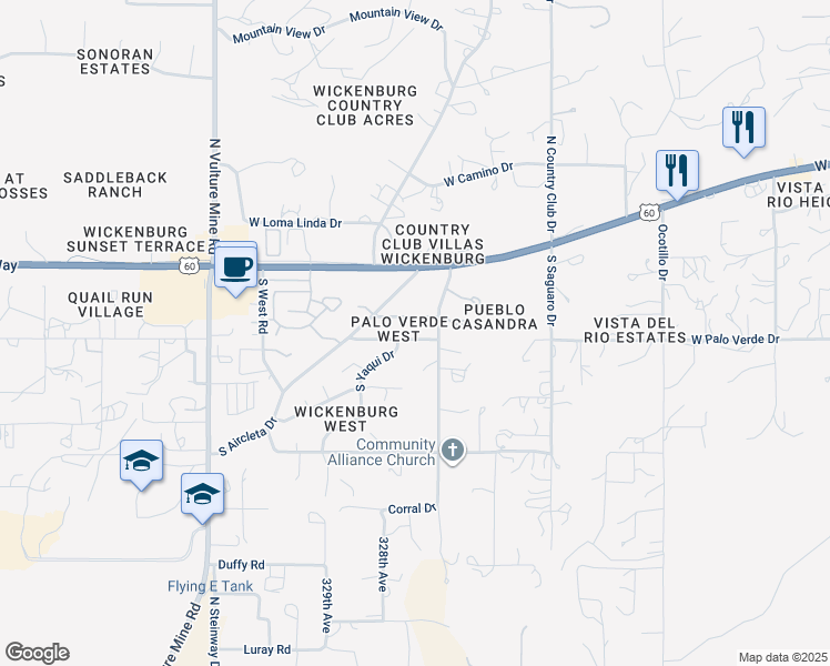 map of restaurants, bars, coffee shops, grocery stores, and more near 1648 West Palo Verde Drive in Wickenburg
