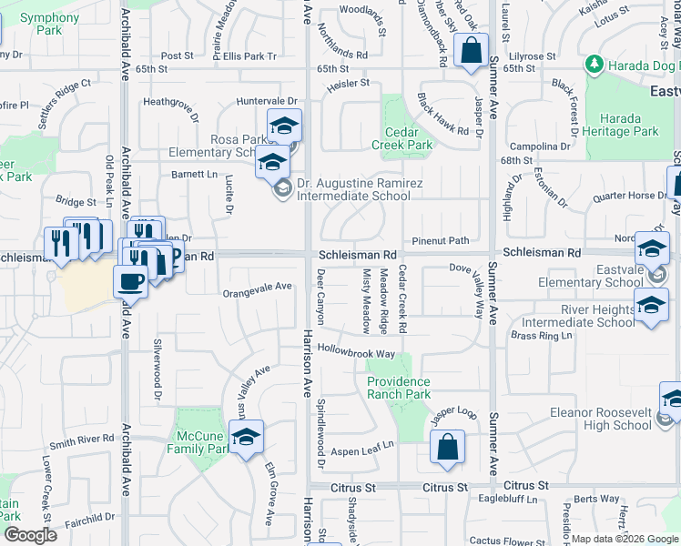 map of restaurants, bars, coffee shops, grocery stores, and more near 13761 Hidden River in Corona