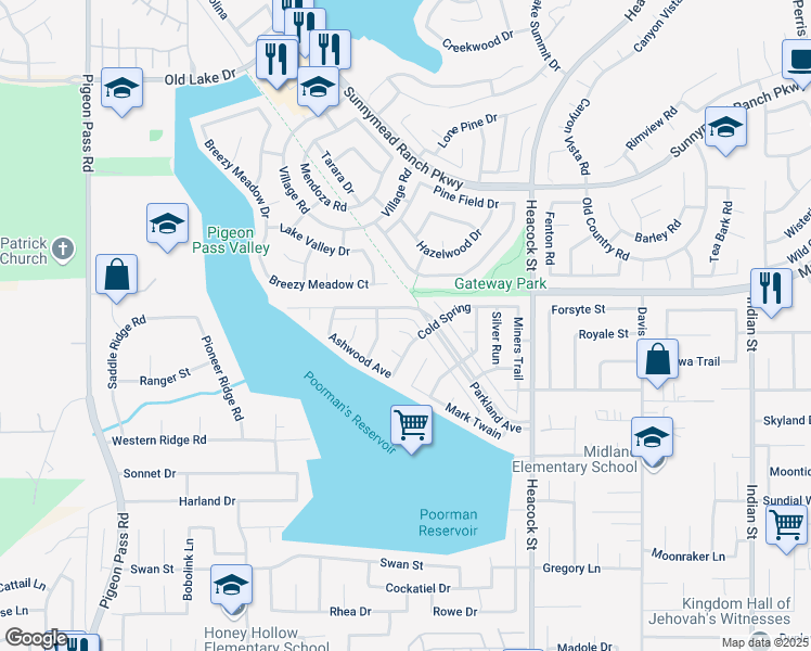 map of restaurants, bars, coffee shops, grocery stores, and more near 23650 Misty Glade Court in Moreno Valley