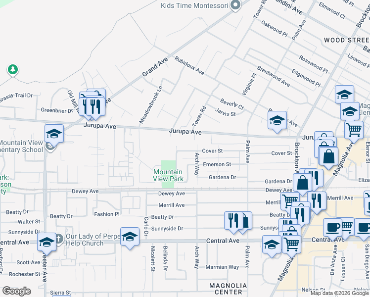 map of restaurants, bars, coffee shops, grocery stores, and more near 4743 Cover Street in Riverside