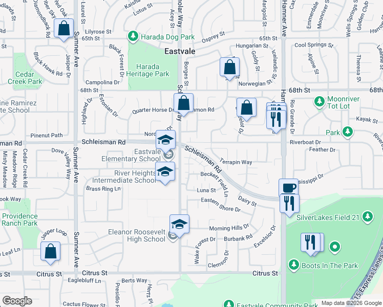 map of restaurants, bars, coffee shops, grocery stores, and more near 7024 Moonray Court in Corona