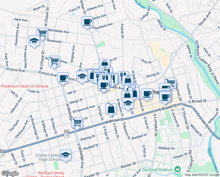 map of restaurants, bars, coffee shops, grocery stores, and more near 297 Prince Avenue in Athens
