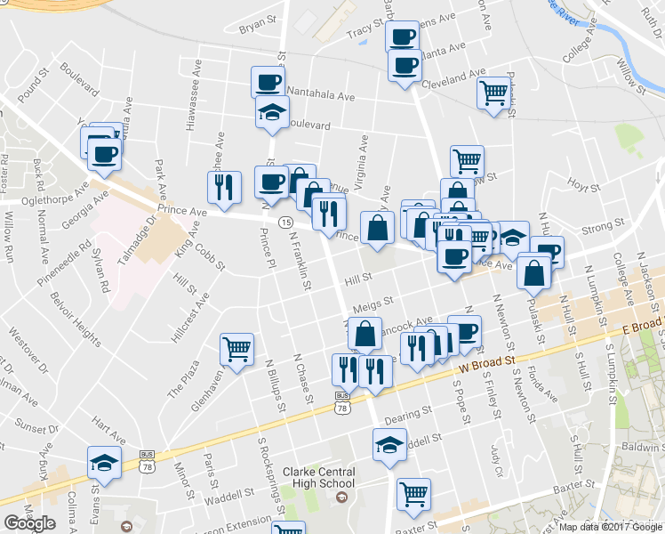 map of restaurants, bars, coffee shops, grocery stores, and more near 584 North Milledge Avenue in Athens