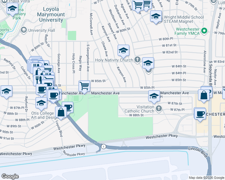map of restaurants, bars, coffee shops, grocery stores, and more near 8551 McConnell Avenue in Los Angeles