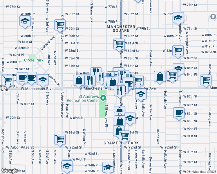 map of restaurants, bars, coffee shops, grocery stores, and more near 1865 West Manchester Avenue in Los Angeles