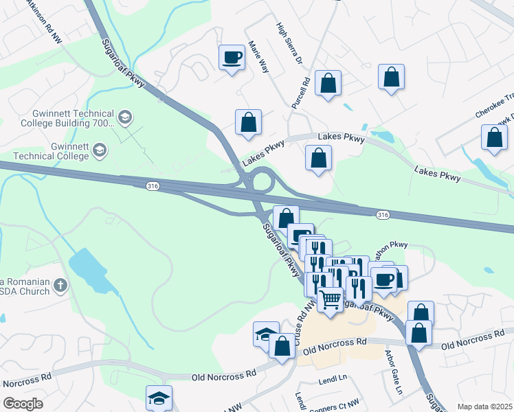 map of restaurants, bars, coffee shops, grocery stores, and more near 1128 Sugarloaf Parkway in Lawrenceville