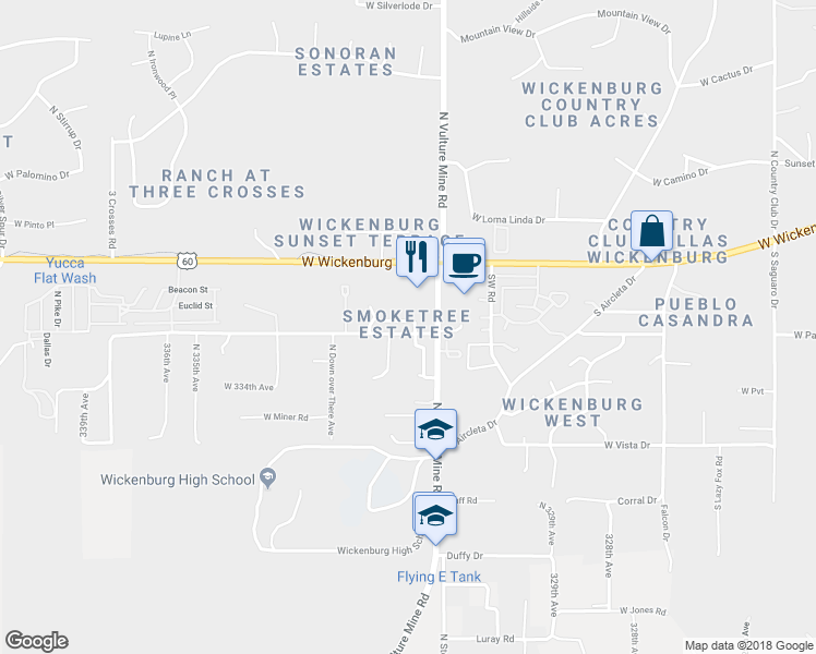 map of restaurants, bars, coffee shops, grocery stores, and more near 2045 Smoketree Street in Wickenburg