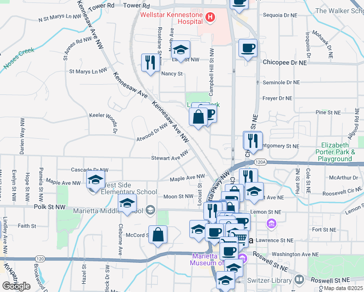 map of restaurants, bars, coffee shops, grocery stores, and more near 345 Kennesaw Avenue Northwest in Marietta