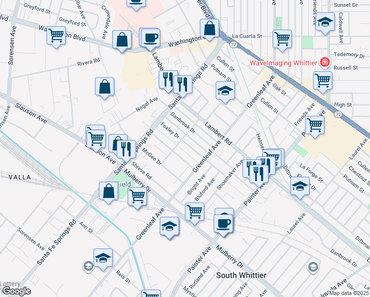 map of restaurants, bars, coffee shops, grocery stores, and more near 12817 Dunton Drive in Whittier