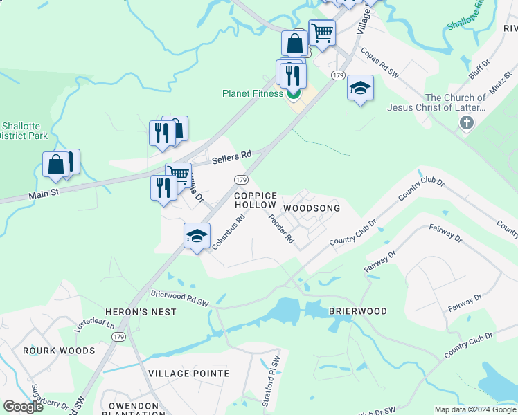 map of restaurants, bars, coffee shops, grocery stores, and more near 517 Columbus Street in Shallotte