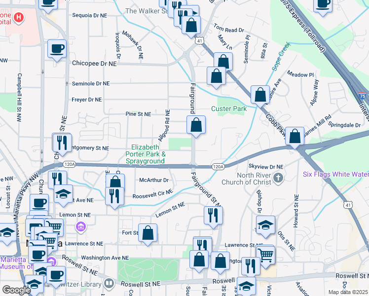 map of restaurants, bars, coffee shops, grocery stores, and more near 493 Birney Street Northeast in Marietta