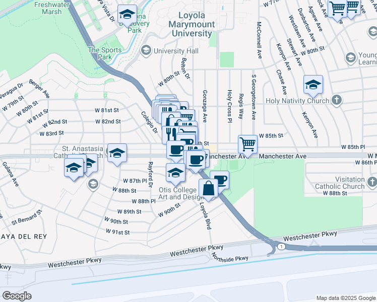 map of restaurants, bars, coffee shops, grocery stores, and more near 8601 Lincoln Boulevard in Los Angeles