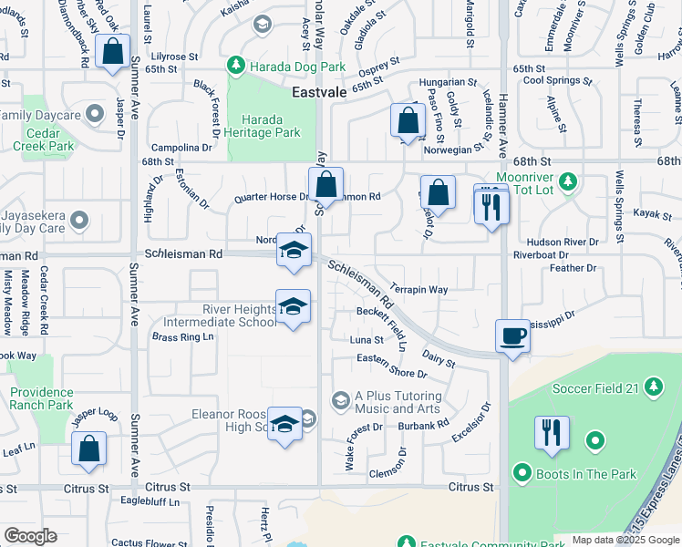map of restaurants, bars, coffee shops, grocery stores, and more near 7024 Moonray Court in Corona