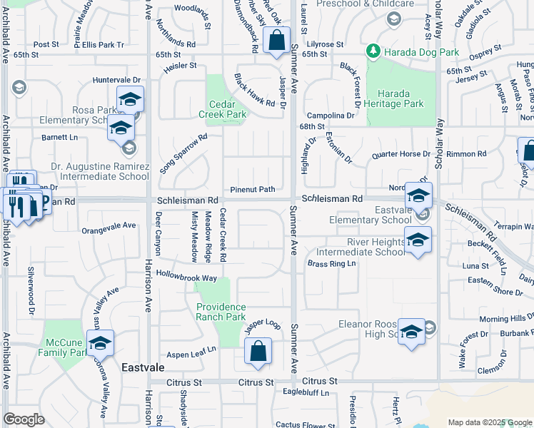 map of restaurants, bars, coffee shops, grocery stores, and more near 7039 Dove Valley Way in Corona
