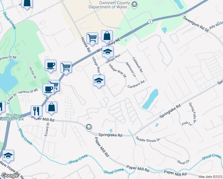 map of restaurants, bars, coffee shops, grocery stores, and more near 175 Village Way Southeast in Lawrenceville