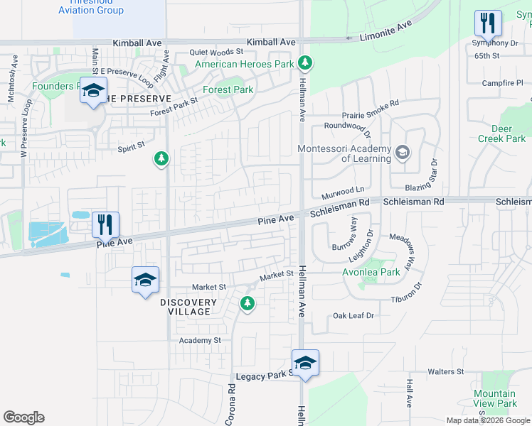 map of restaurants, bars, coffee shops, grocery stores, and more near 8769 Celebration Street in Chino