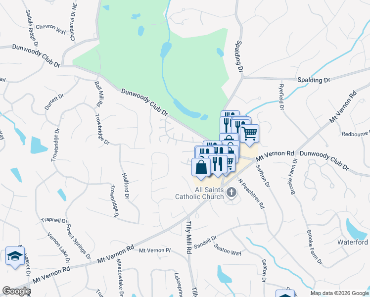 map of restaurants, bars, coffee shops, grocery stores, and more near 2002 Woodland Way in Dunwoody